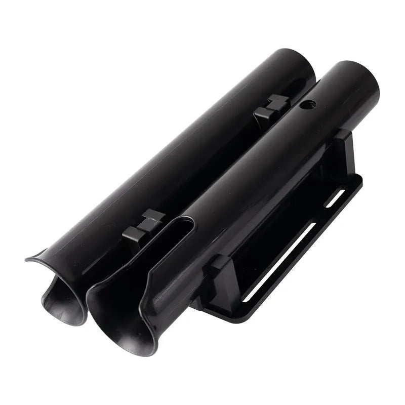 Plastic fishing rod rack with double-layer frame and pipe clamp for bicycle and motorcycle mounting