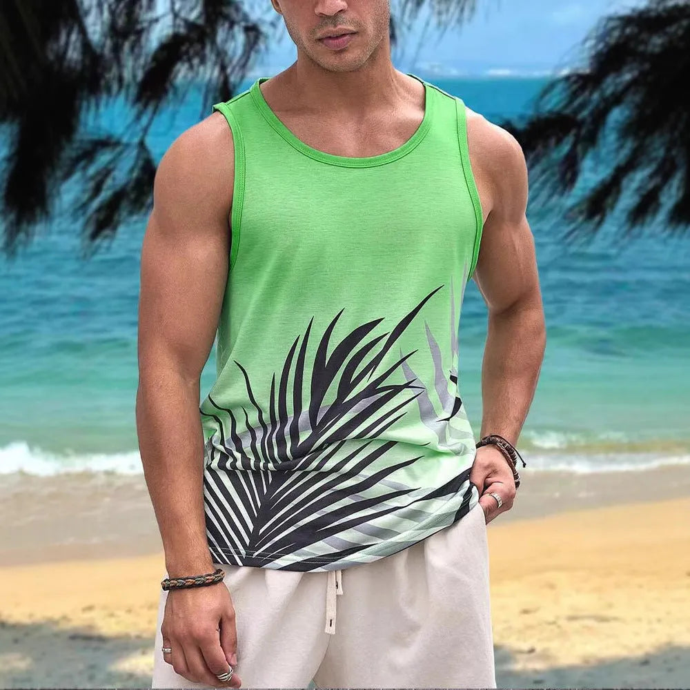 Men's solid colour Hawaiian style sleeveless vest with a 3D printed pattern.