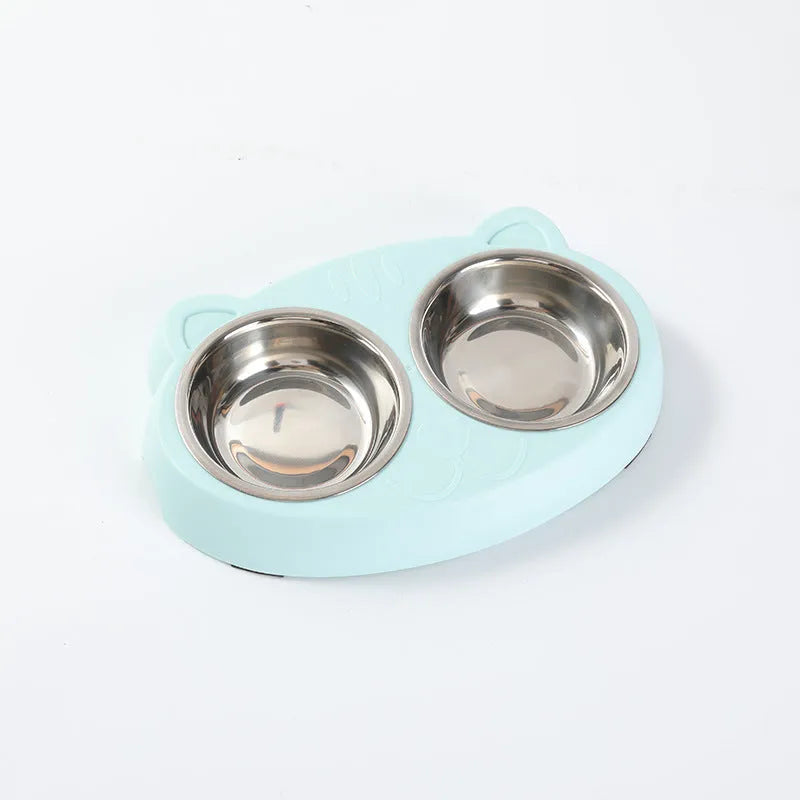 Blue macaron-shaped plastic pet feeder with two bowls for cat and dog feeding