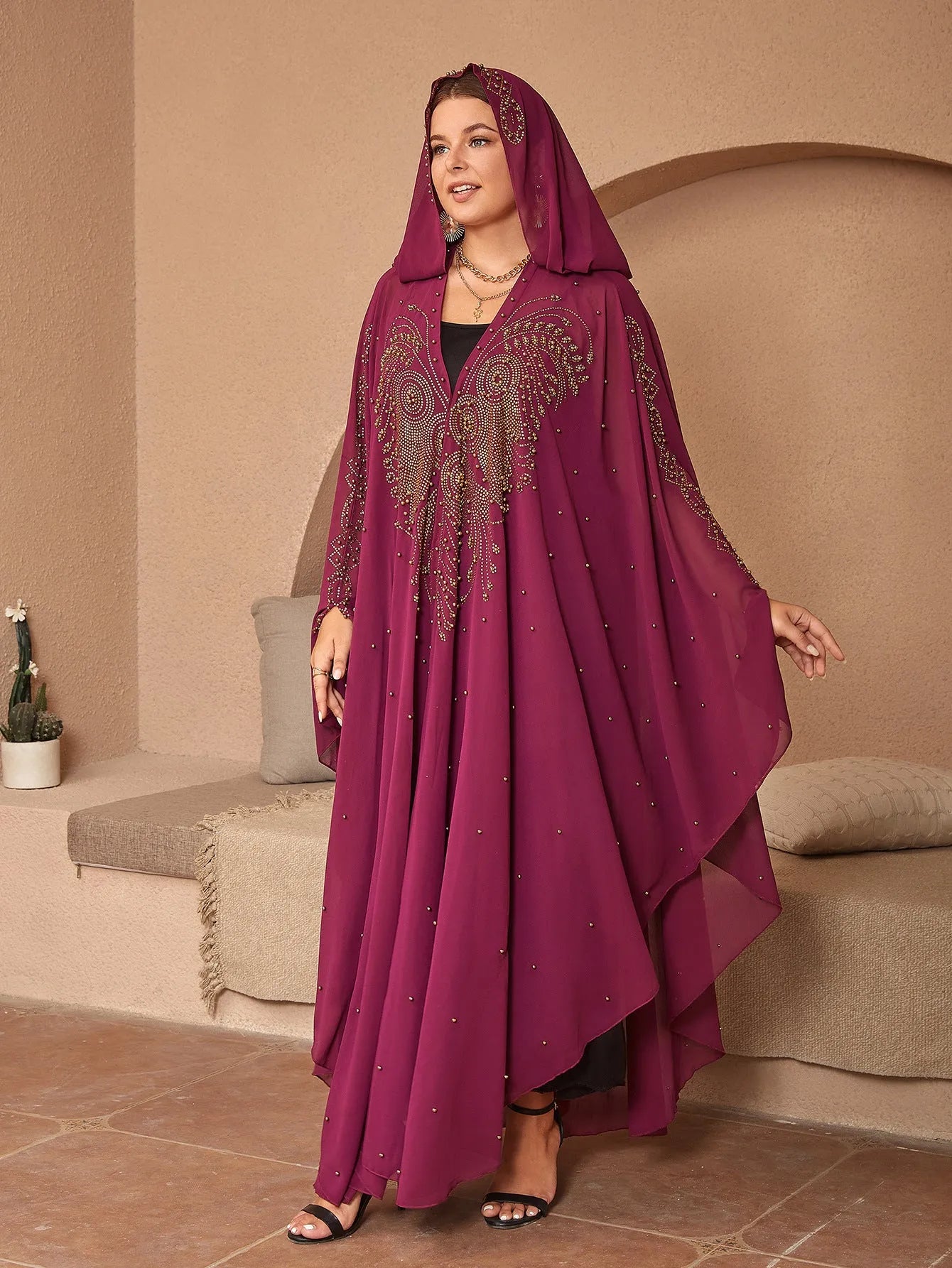 Muslim style chiffon shawl with rhinestone beading in purple colour