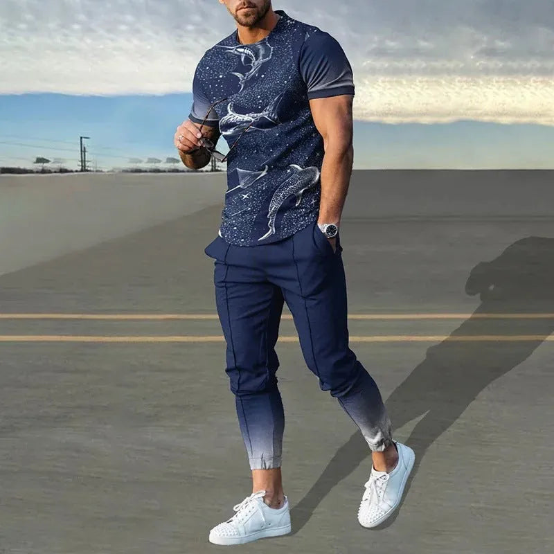 Man wearing a blue short-sleeved round neck pullover and matching trousers from a polyester sportswear set.