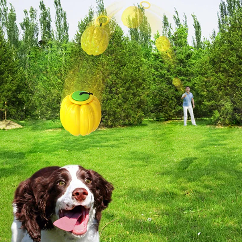 Green, orange, and yellow plastic pumpkin-shaped dog toy with squeaker for small dogs