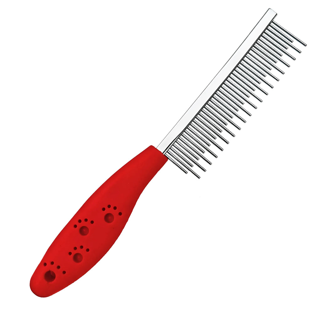 Red pet grooming comb with stainless steel long and short teeth on a plastic handle for dematting dogs and cats.
