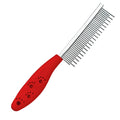 Red pet grooming comb with stainless steel long and short teeth on a plastic handle for dematting dogs and cats.