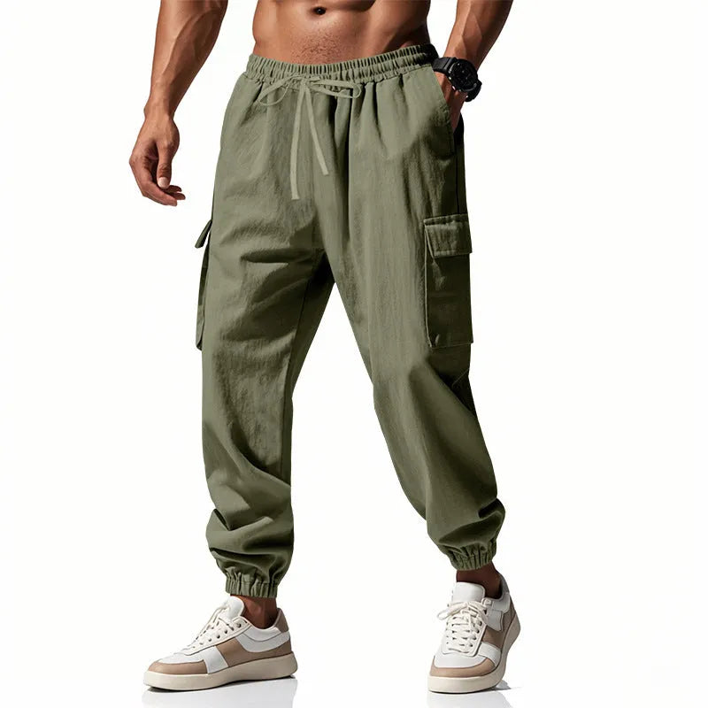 Men's ankle-tied linen casual trousers with multi-pocket tether in loose fit