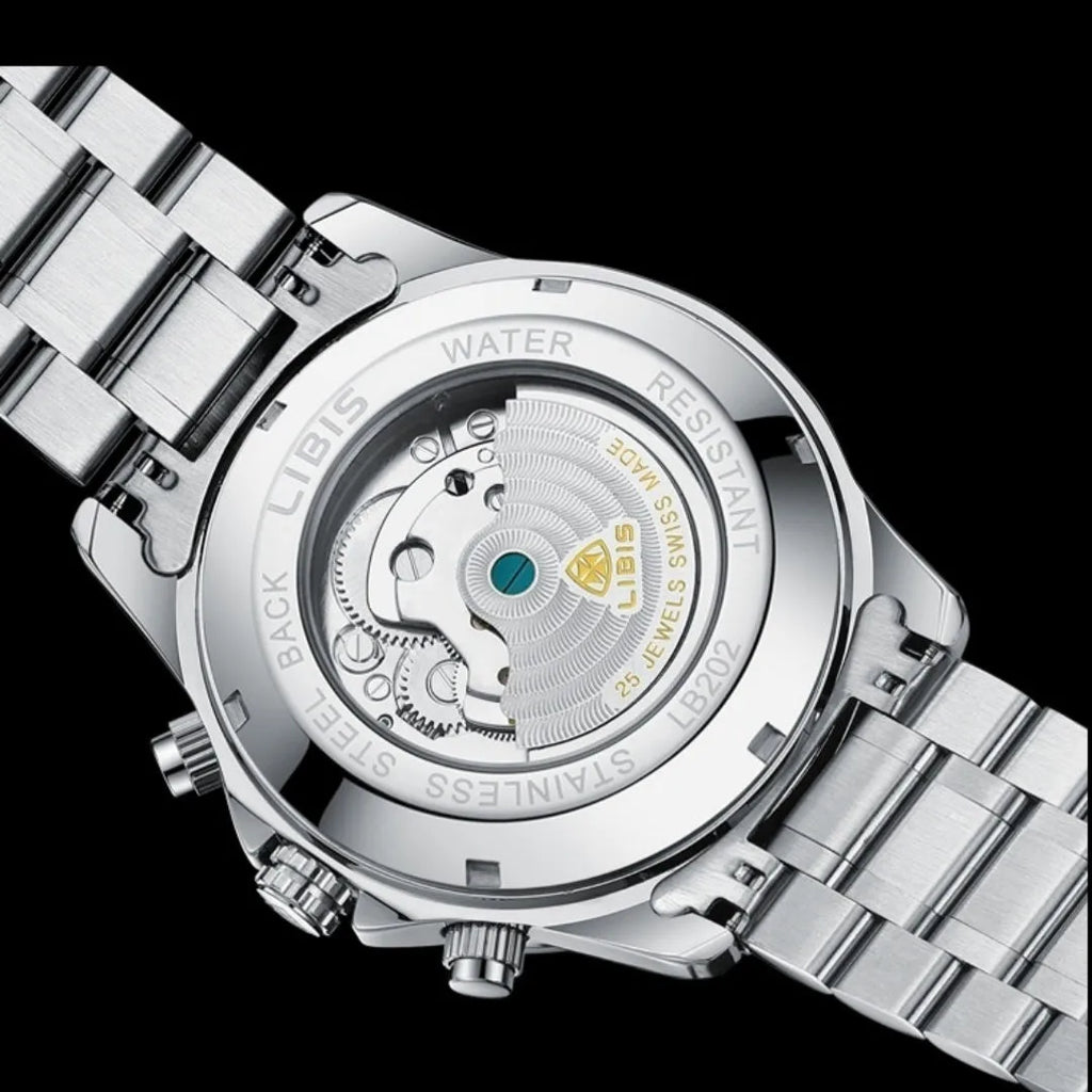 Men's silver steel automatic perpetual calendar mechanical watch with business style design