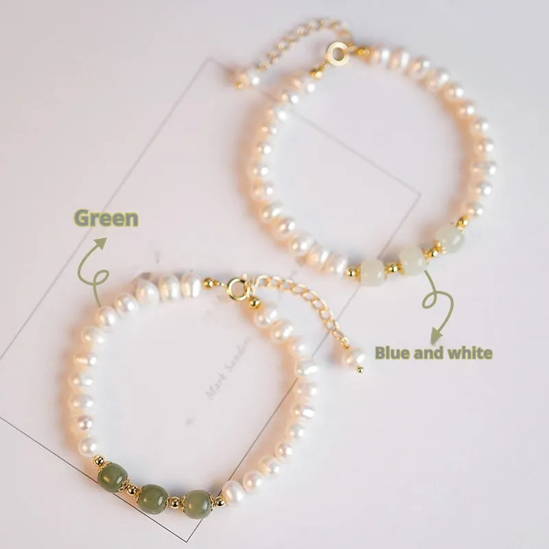 Diamond-shaped freshwater pearl bracelet in electroplated Hetian jade colour, Korean style design.
