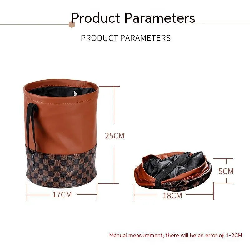Retractable leather car interior trash can with carry handle in colour as shown.