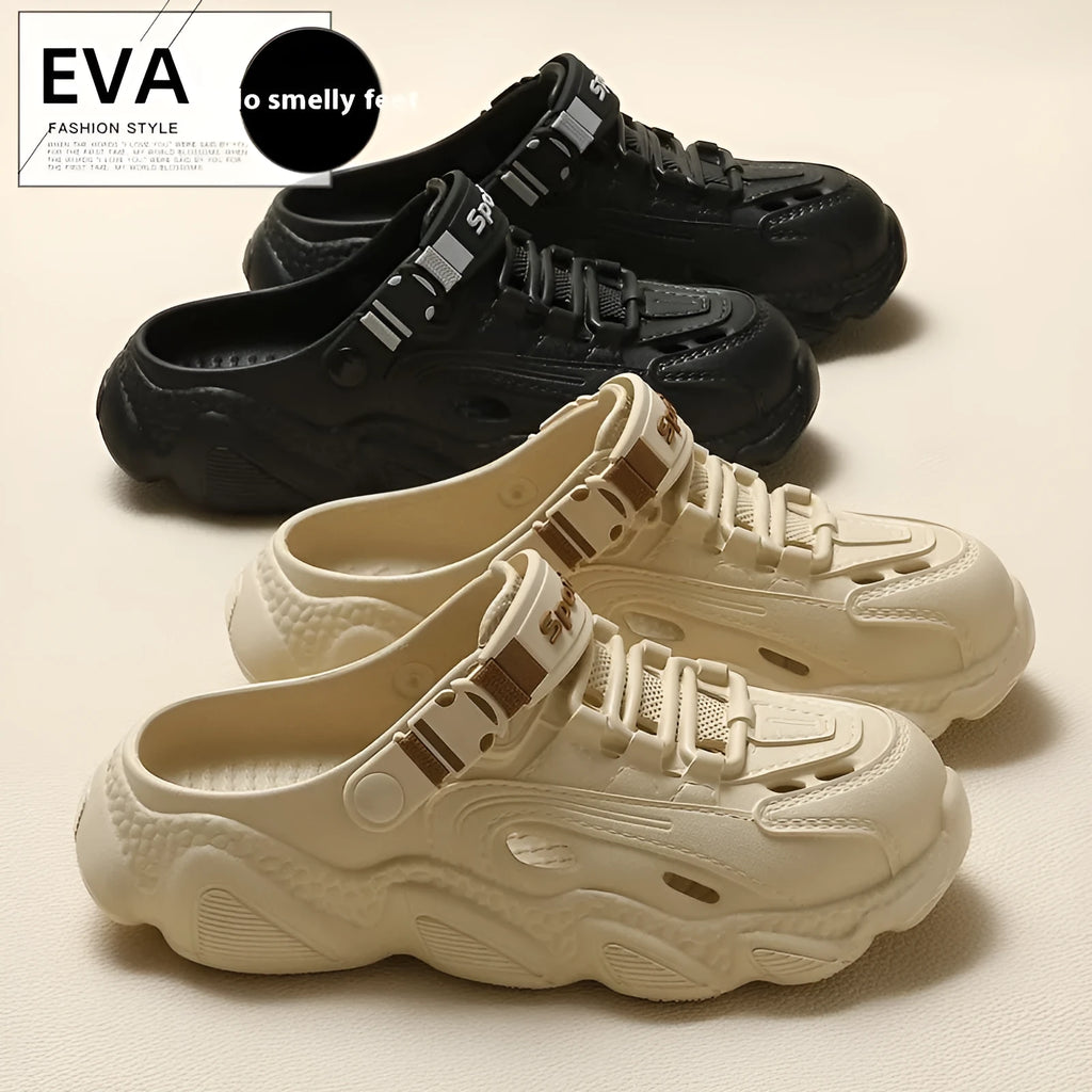 Men's khaki summer outdoor slippers with hollow-out breathable design and non-slip EVA sole
