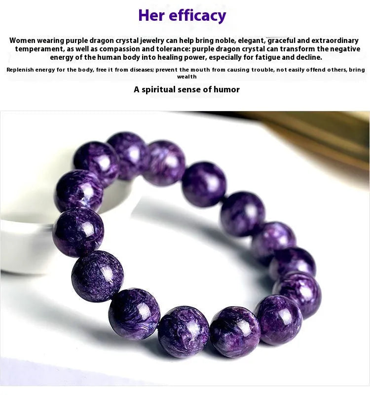 Natural purple charoite crystal bracelet with platinum tone metal chain, showing four bead size options.