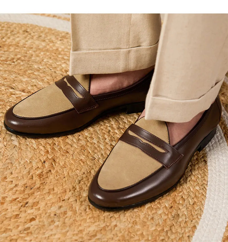Coffee grey Belgian loafers with high-gloss suede leather uppers and rubber soles