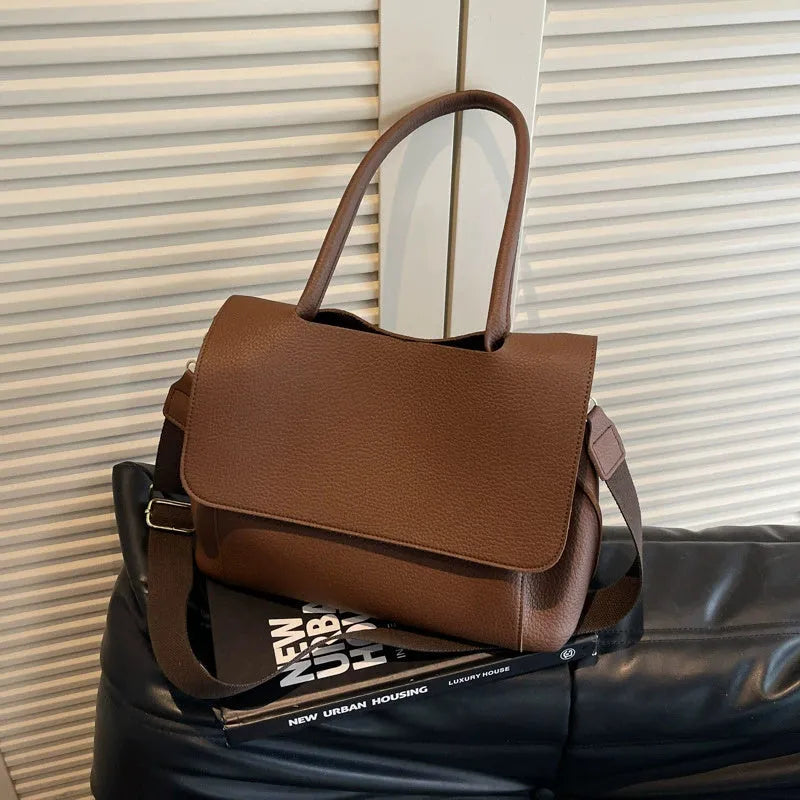 Square PU leather tote bag with double shoulder straps in vintage casual style