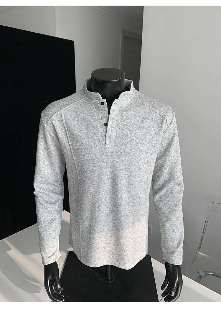 Men's loose fit asymmetric patchwork polo shirt with stand-up collar in heather gray.