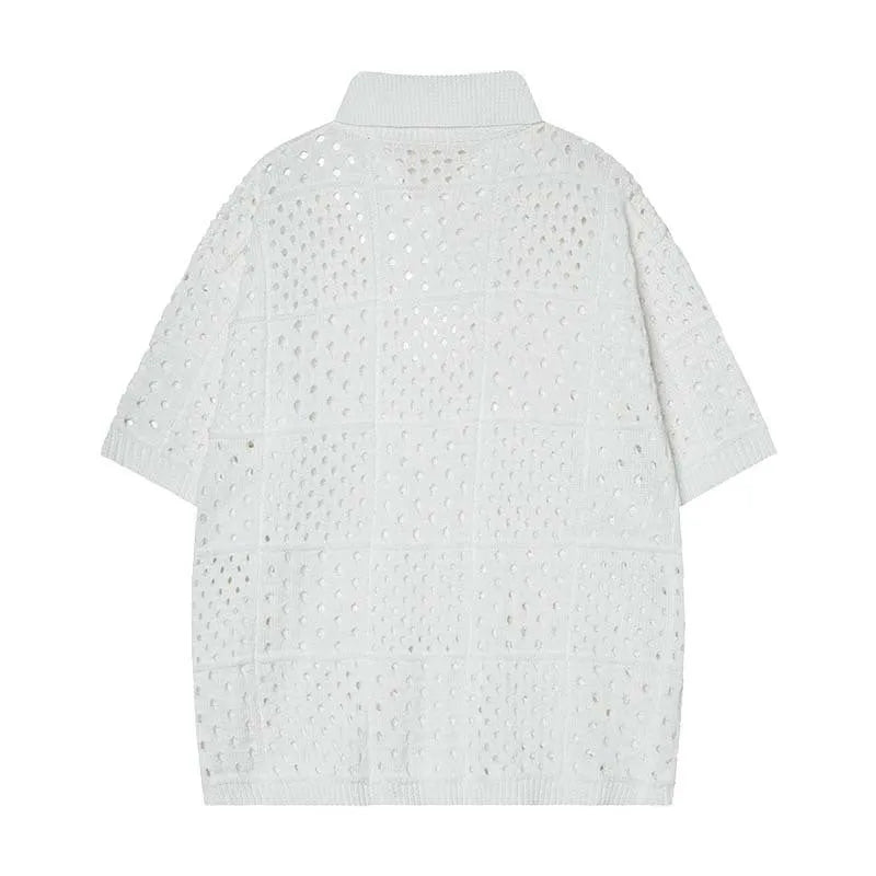 Teenage model wearing solid colour hollow knit short-sleeved polo shirt in loose cardigan style