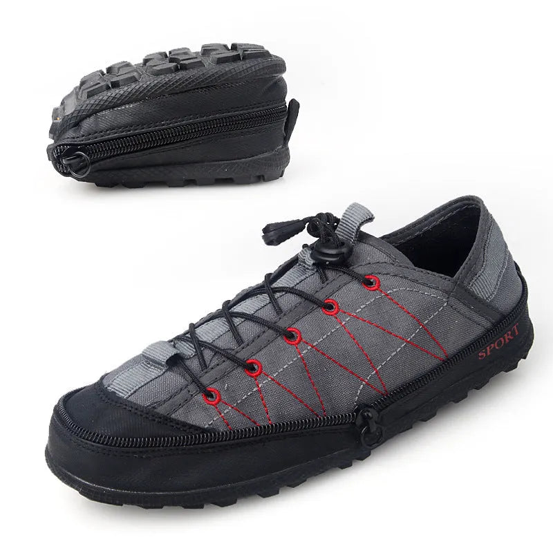 Folding outdoor travel shoes with side zipper and mesh upper in orange, black, and grey colour options