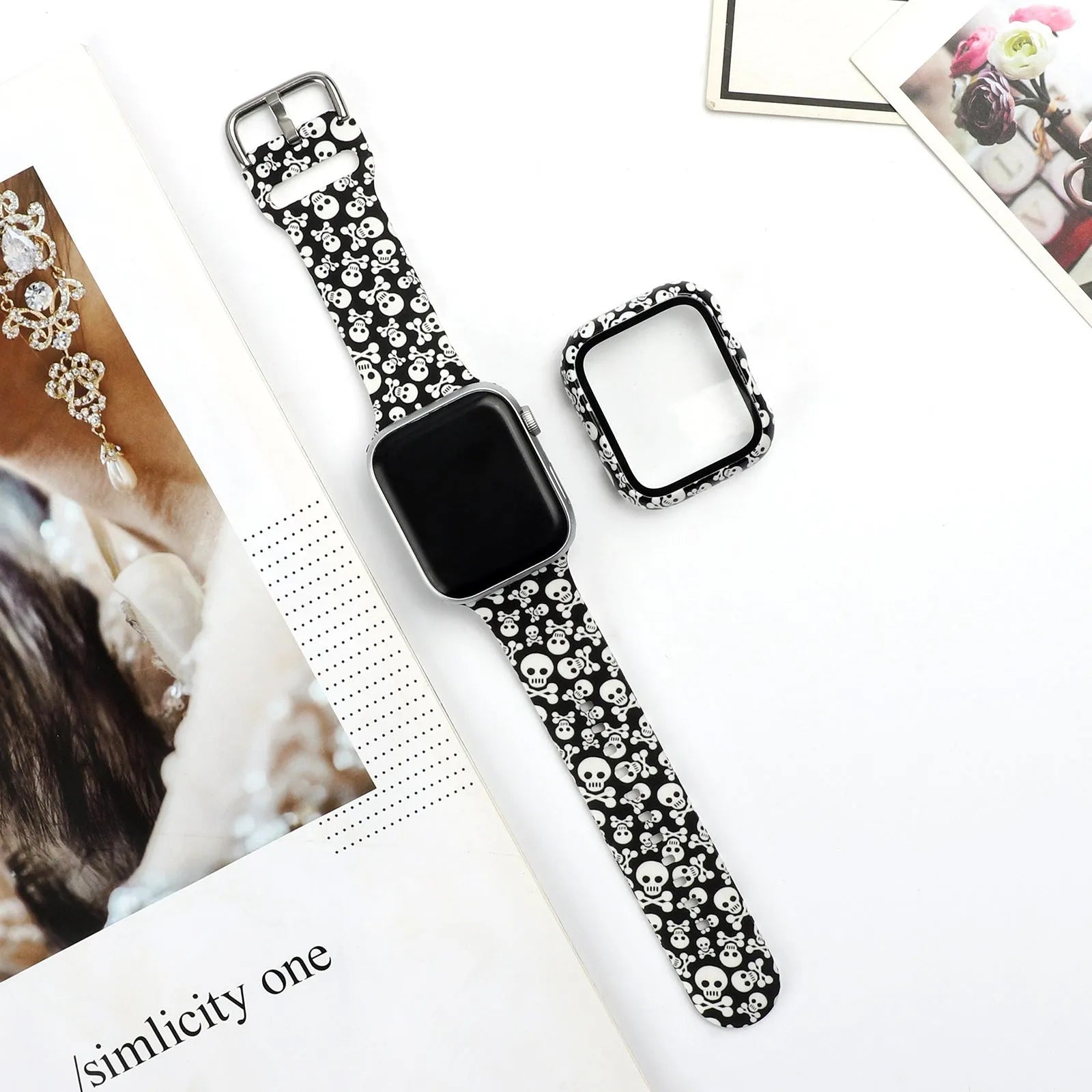 Printed silicone watch strap for Apple Watch showing various design options