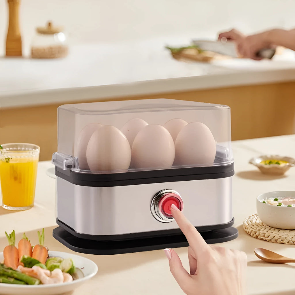 Black portable stainless steel mini egg boiler for travel with multiple power plugs.