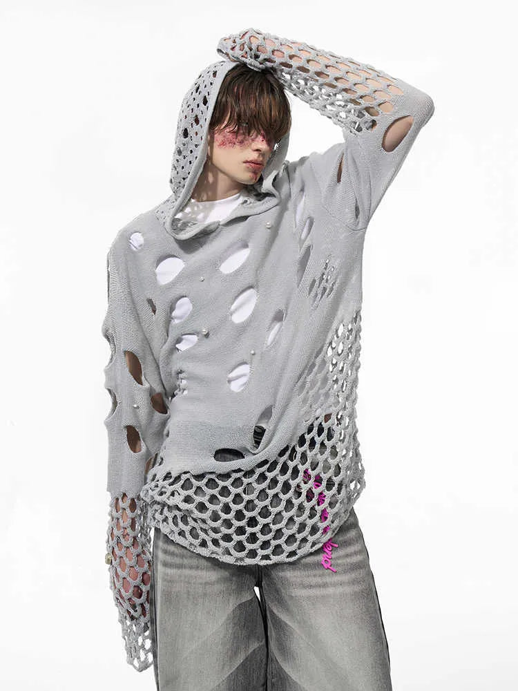 Men's black hooded sweater with pearl decoration and loose fit