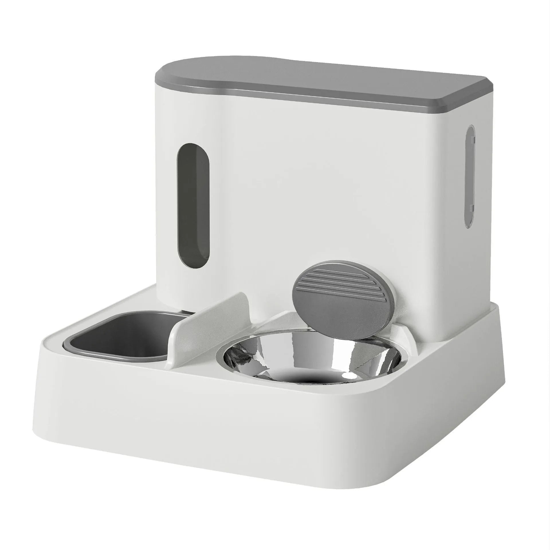 Grey automatic cat feeder and water dispenser double bowl unit on floor