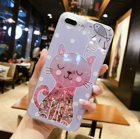 Cat-themed glitter phone case for iPhone models 6, 7, 8, and X.