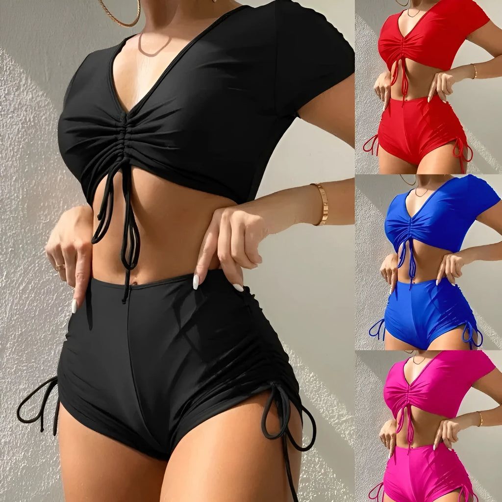 Women's lace-up swimsuit top with matching shorts in dark green colour