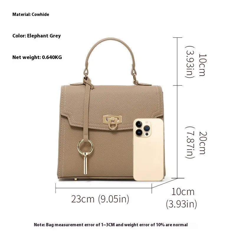 Elephant grey vintage lock handbag in genuine leather with three-dimensional pockets