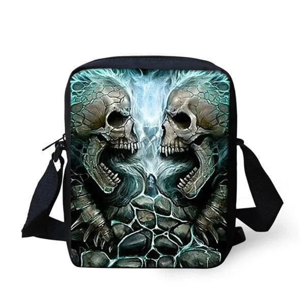 Children's skull print messenger bag with double straps and 20-35 litre capacity