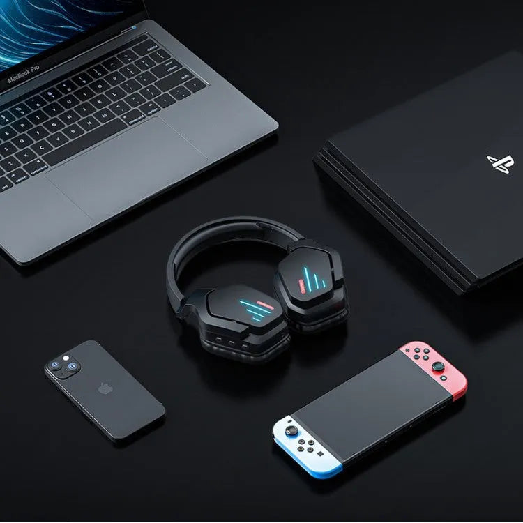 Luminous black wireless gaming headphones with over-ear design showing head-mounted construction