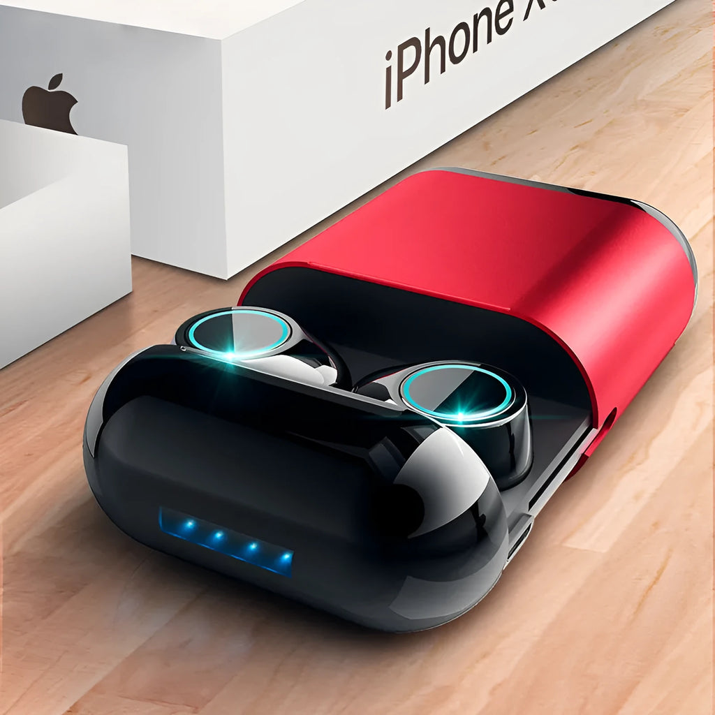 A pair of TWS wireless Bluetooth earpluds in black, gold, or light grey, shown with a charging case.