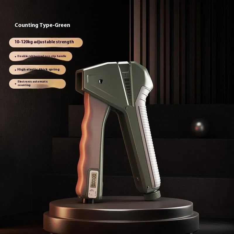 Adjustable hand gripper with mechanical counter showing 5-60kg resistance range in multiple colour options