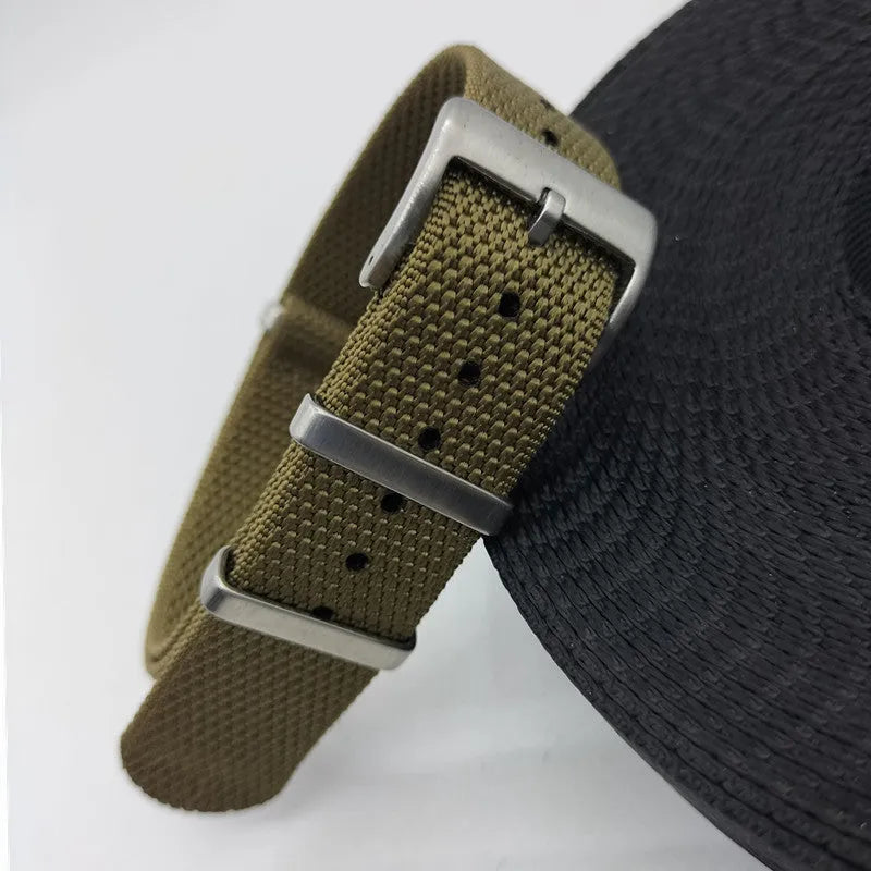Nylon textile watch strap with integrated keeper in Army Green colour showing 20mm width measurement