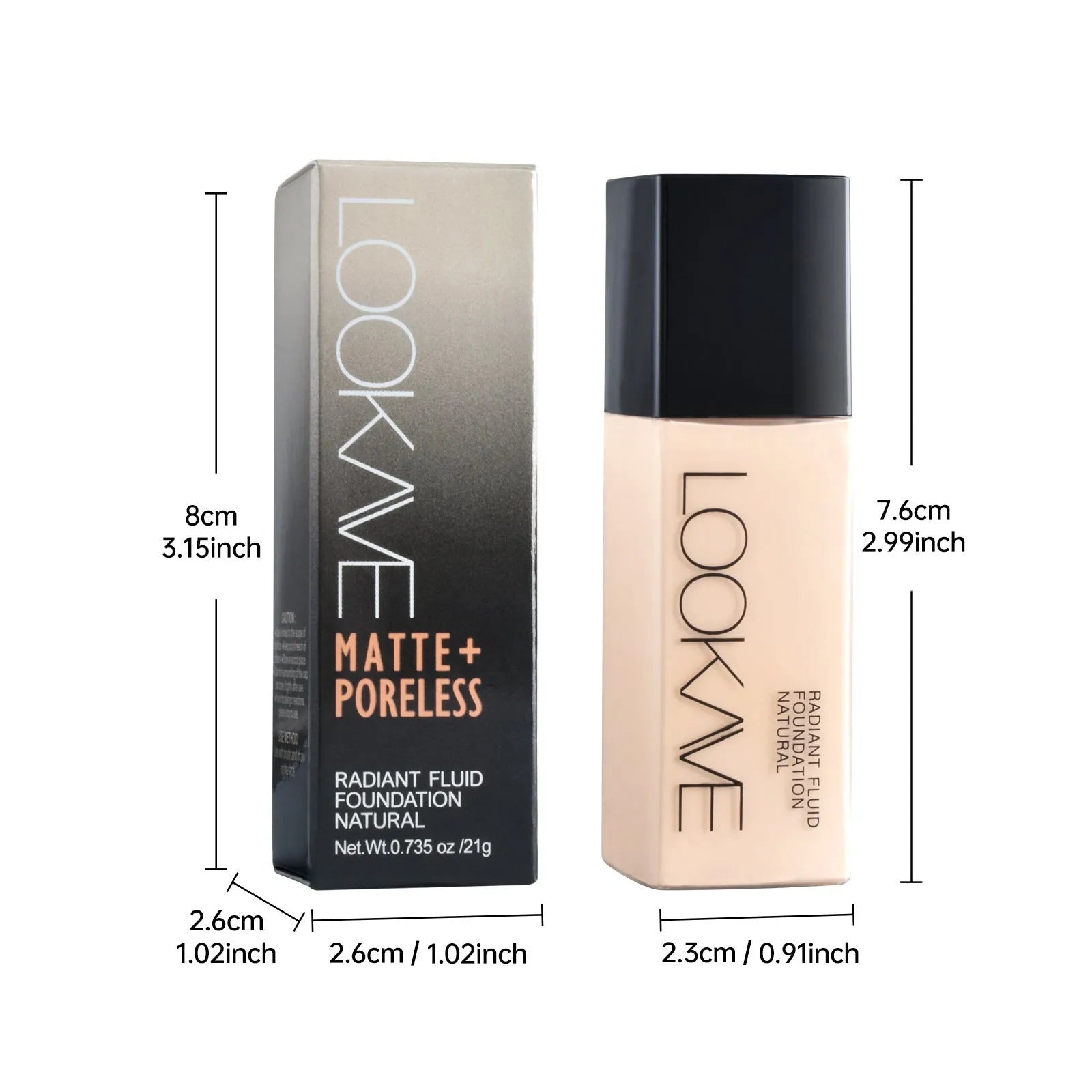 LOOKAVE Matte Liquid Foundation bottle with waterproof brightening formula in 21c size