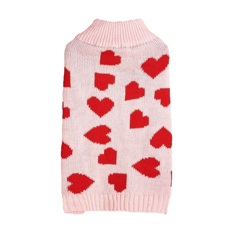 Red love heart motif dog sweater on small dog with bow decoration