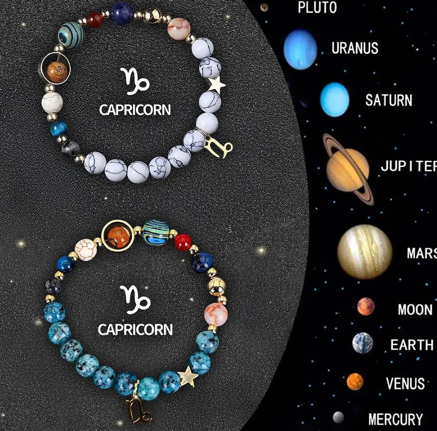 Two handmade natural stone beaded bracelets from a set of twelve zodiac sign designs.