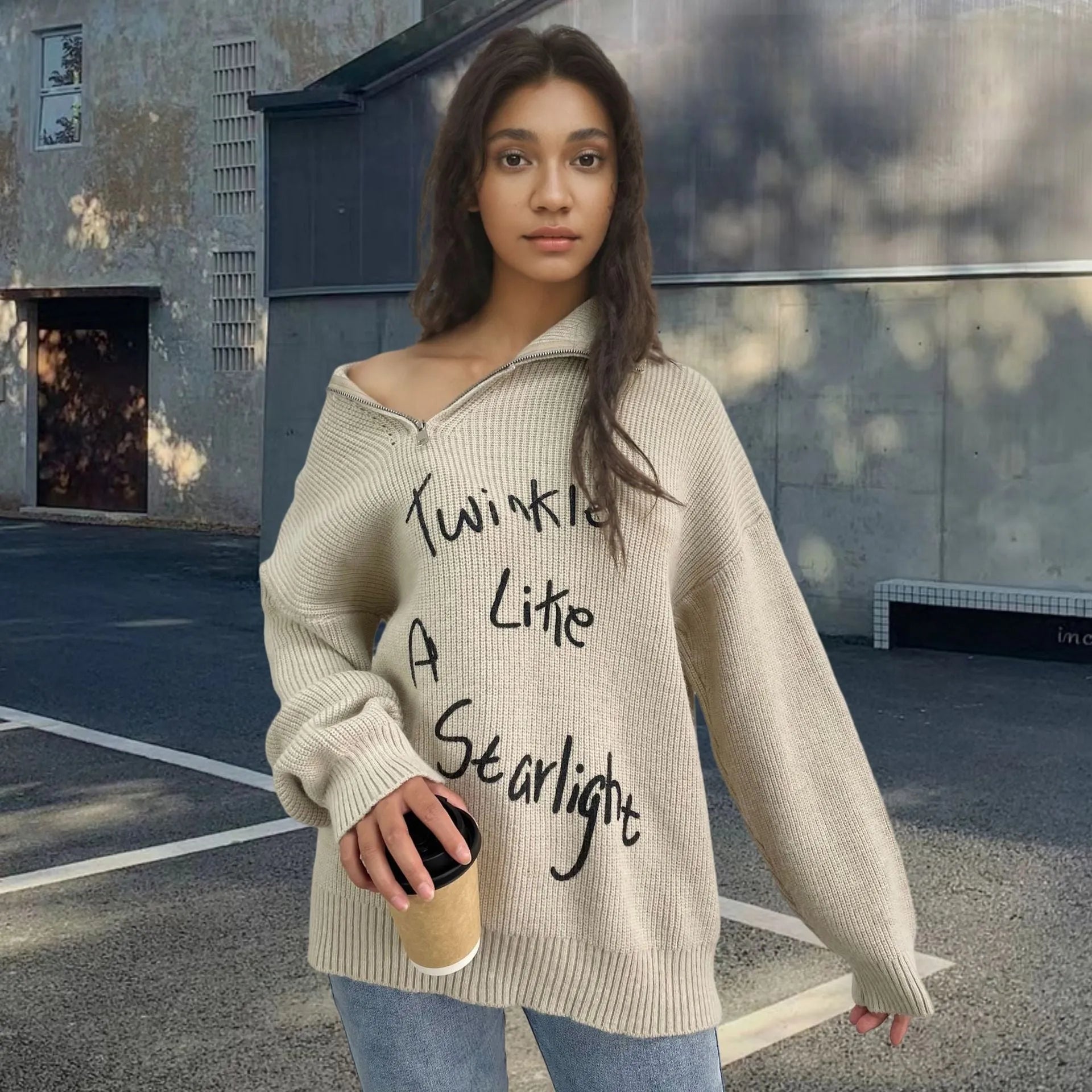 Women's alpaca fleece pullover sweater with an oblique chest zipper and retro turtleneck.