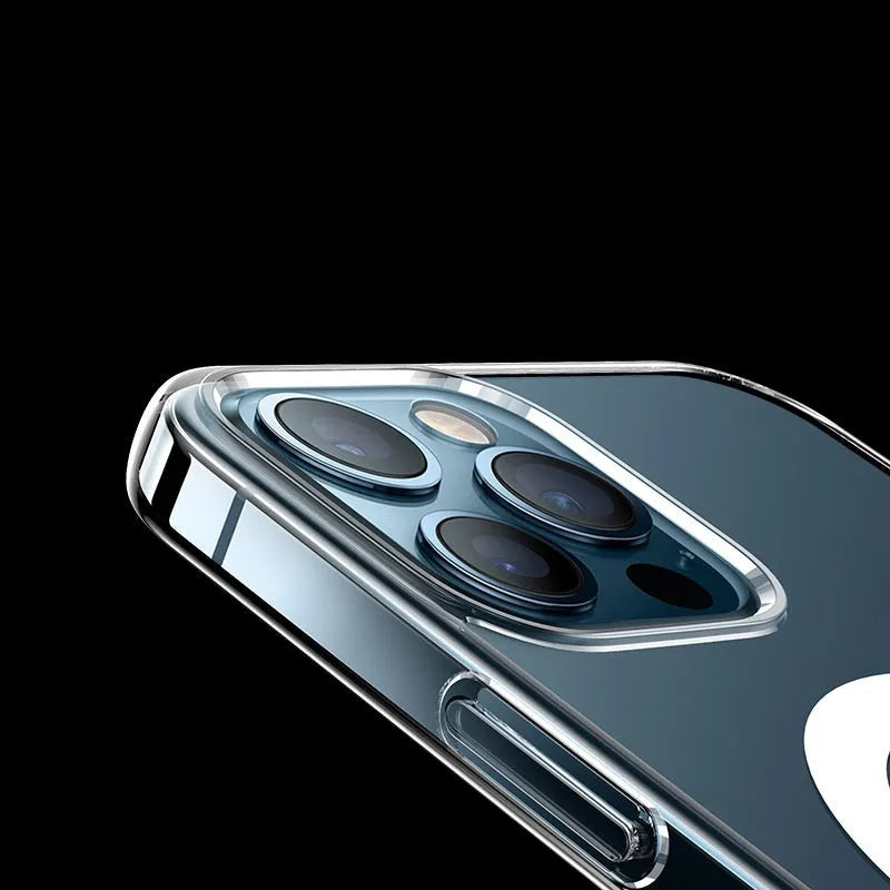 Transparent magnetic back cover case for iPhone showing clear PC material and magnetic functionality