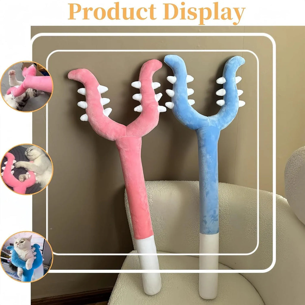 Blue and pink plush cat wand toy measuring 70cm length for interactive pet play