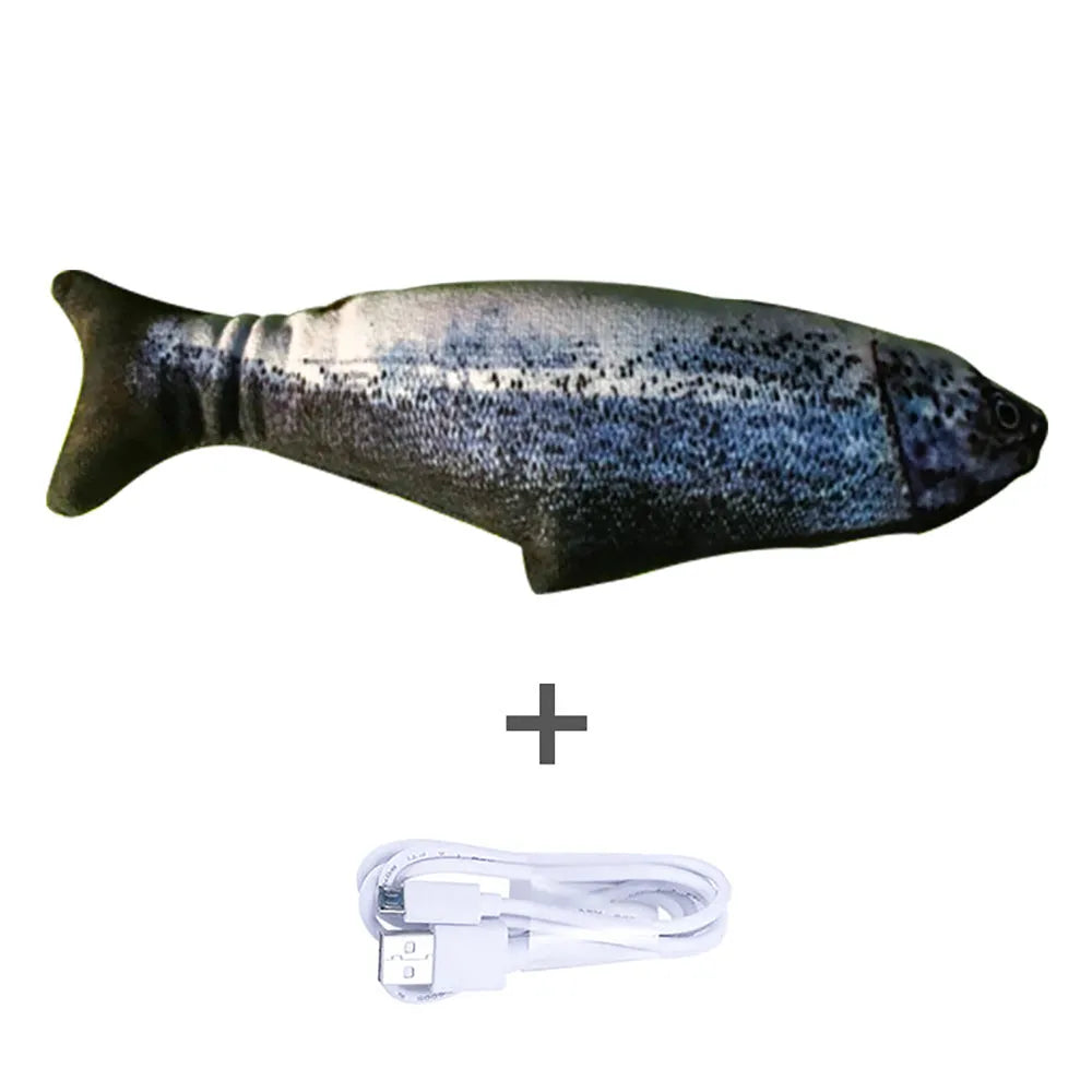 Electric jumping fish simulation cat toy showing multicolor options and USB charging cable.