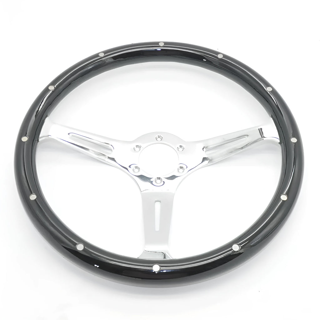 Classic car black wood steering wheel with electroplated finish showing 6-hole mounting pattern