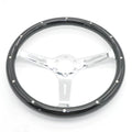 Classic car black wood steering wheel with electroplated finish showing 6-hole mounting pattern