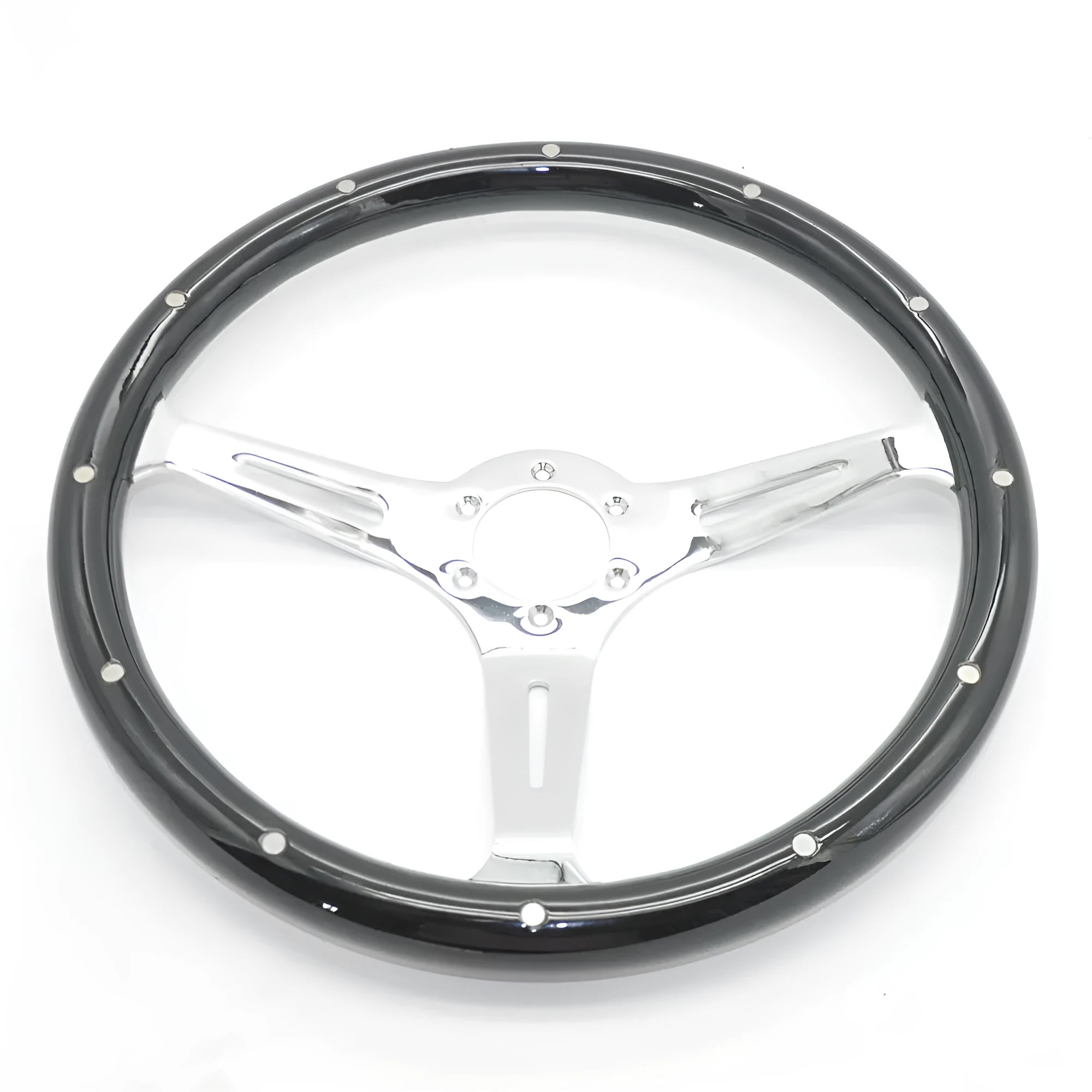 Classic car black wood steering wheel with electroplated finish showing 6-hole mounting pattern