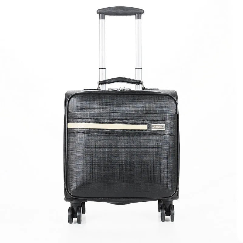 Black PU leather business case with airplane wheels and built-in lock, 18-inch carry-on size
