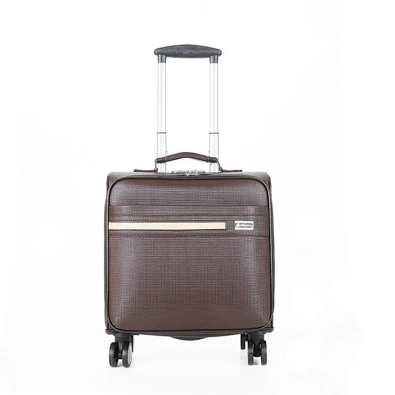 Black PU leather business case with airplane wheels and built-in lock, 18-inch carry-on size