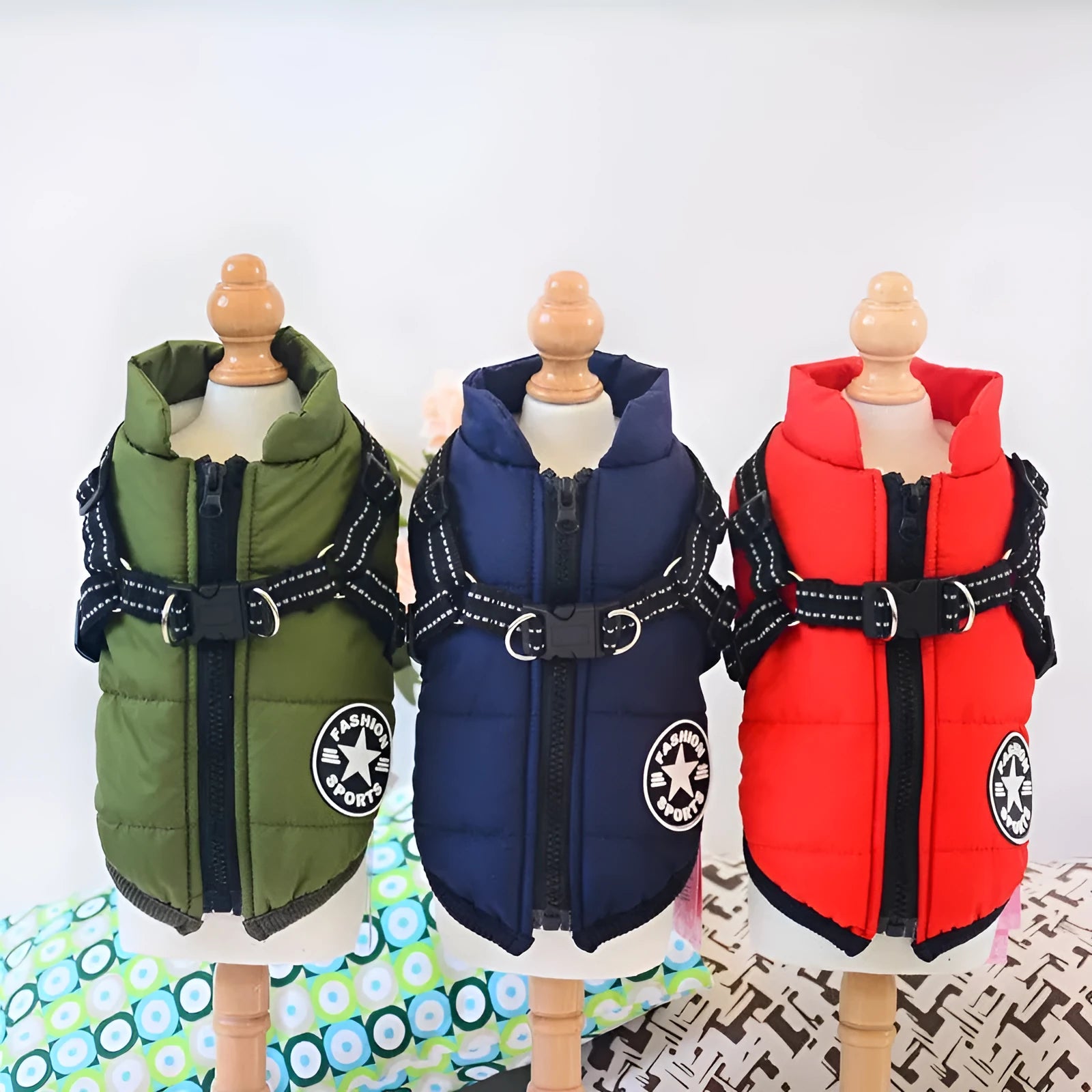 Red waterproof dog coat with integrated harness on a Labrador retriever