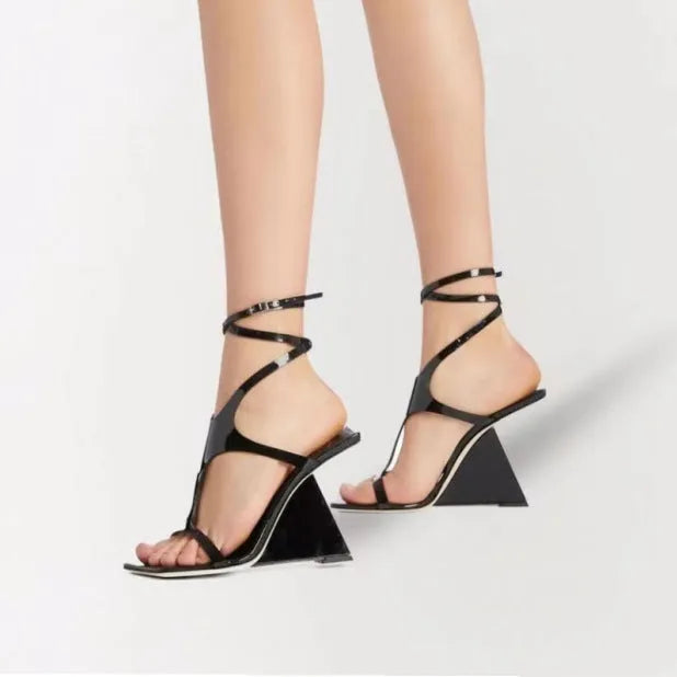 Women's black square toe high heel sandals with button closure and 9.5cm heel