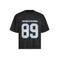 Loose-fitting black and white casual t-shirt on hanger, sizes M L XL, polyester blend fabric.