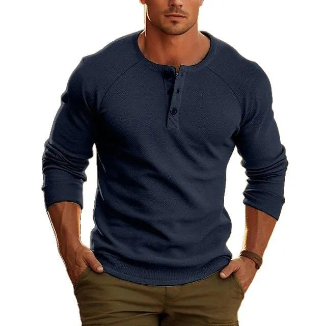 Men's white long-sleeved Henry collar pullover shirt with collage stitching detail