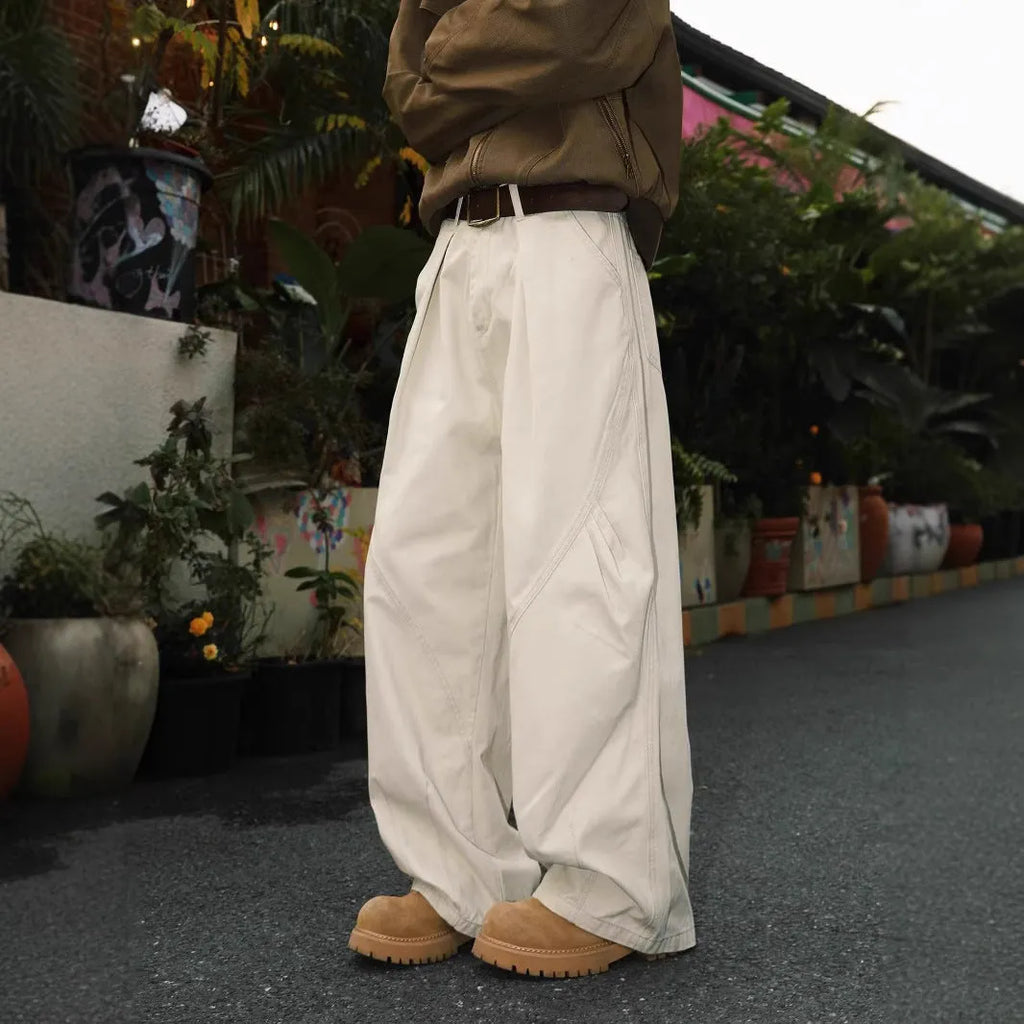 Men's pleated straight-leg loose trousers in striped apricot, black, or brown cotton-polyester fabric