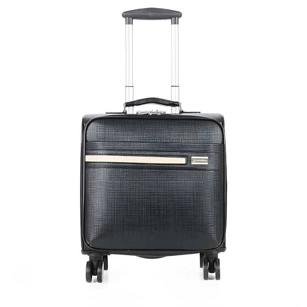 Black PU leather business case with airplane wheels and built-in lock, 18-inch carry-on size