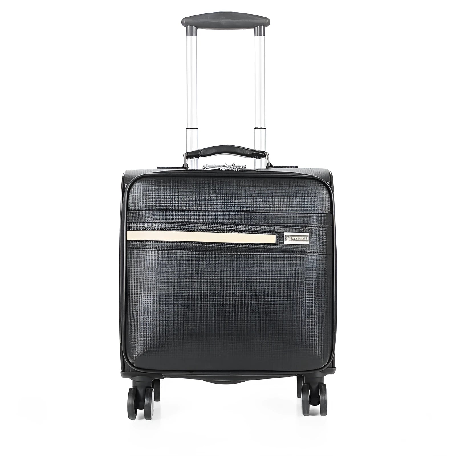 Black PU leather business case with airplane wheels and built-in lock, 18-inch carry-on size